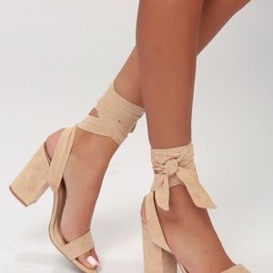 Lulus Alta Light Nude Suede Lace-up Heels Beige - Size 7.5